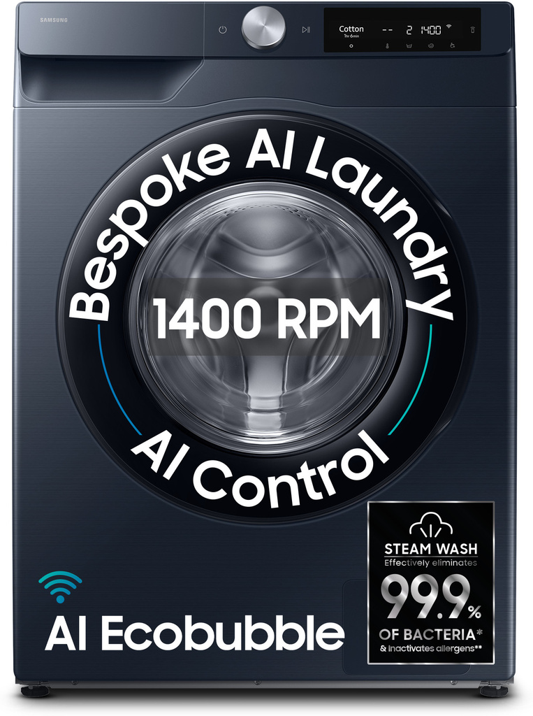 Samsung 12 kg 5 Star, AI Control, AI Ecobubble, Super Speed, Wi-Fi, Hygiene Steam, Digital Inverter Motor Fully Automatic Front Load Washing Machine with In-built Heater Black, Blue