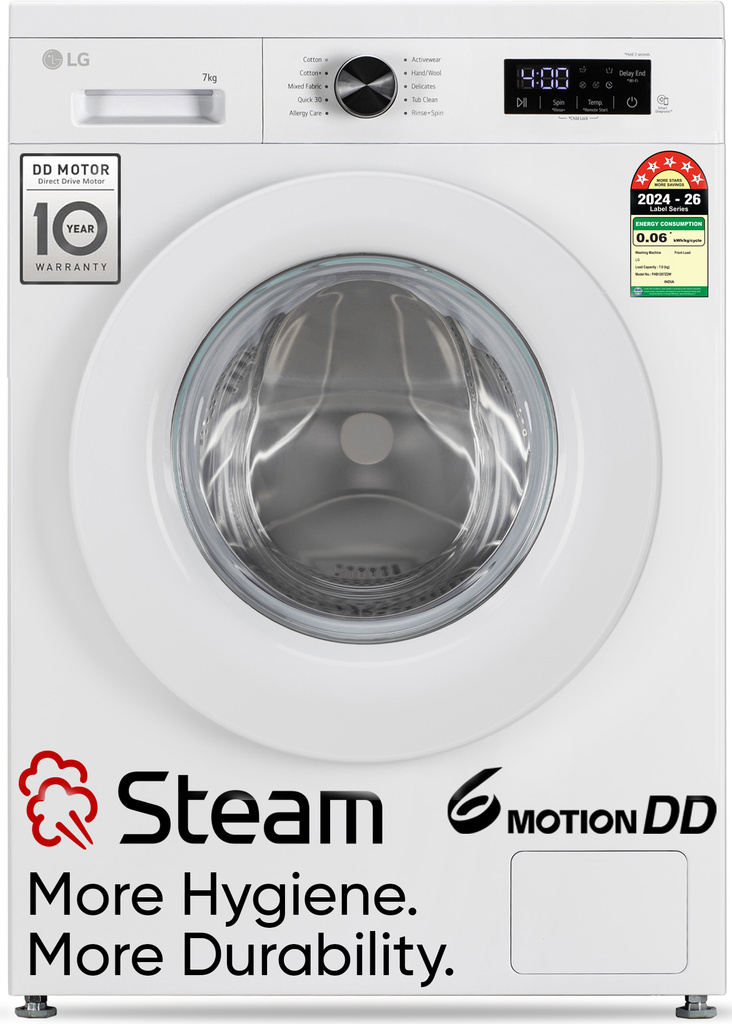 LG 7 kg 5 Star, Allergen free with Steam, Inverter Direct Drive - Less vibration, less noise, 6 Motion Direct Drive, Touch Panel, 1200 RPM, Essence Fully Automatic Front Load Washing Machine with In-built Heater White