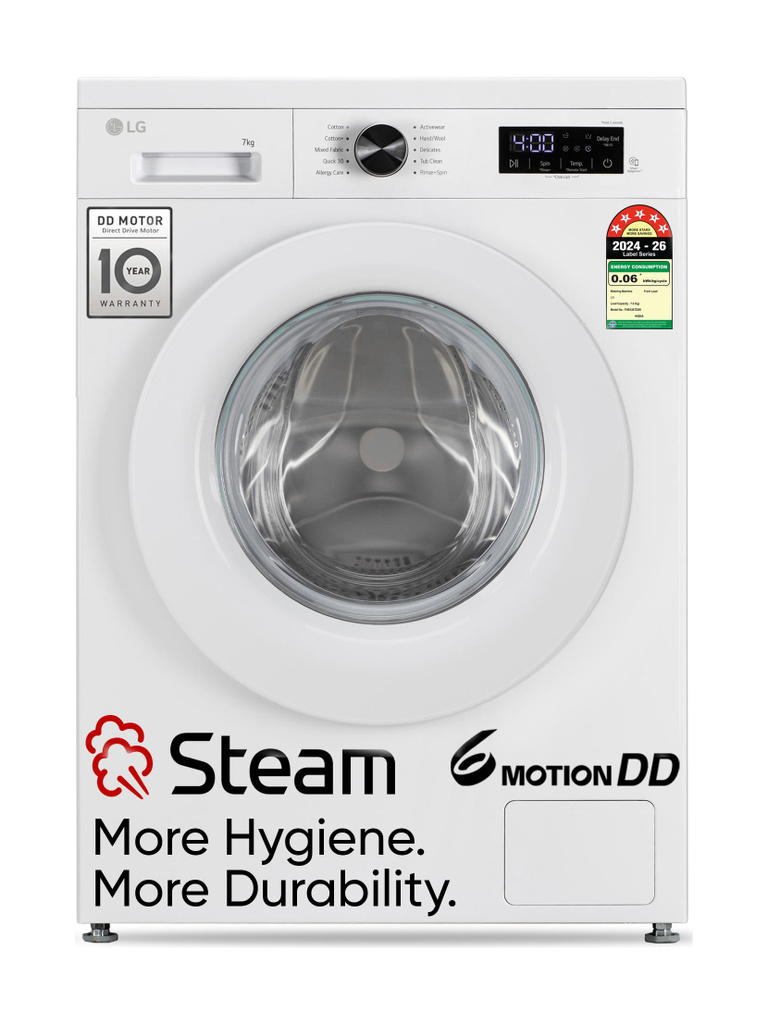 LG 7 kg 5 Star, Allergen free with Steam, Inverter Direct Drive - Less vibration, less noise, 6 Motion Direct Drive, Touch Panel, 1200 RPM, Essence Fully Automatic Front Load Washing Machine with In-built Heater White