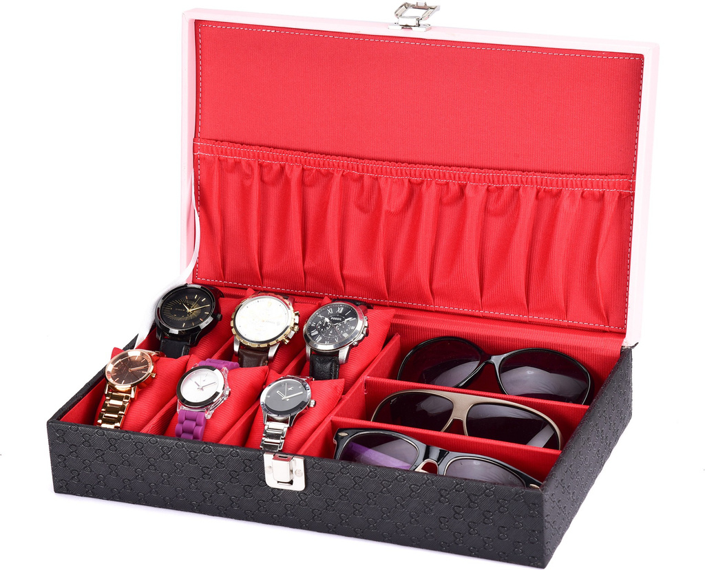 Black & Pink Patti Color Design Watch & Goggle case For 6 Watch & 3 goggle Watch Box (Black & Pink, Holds 9 Watches)