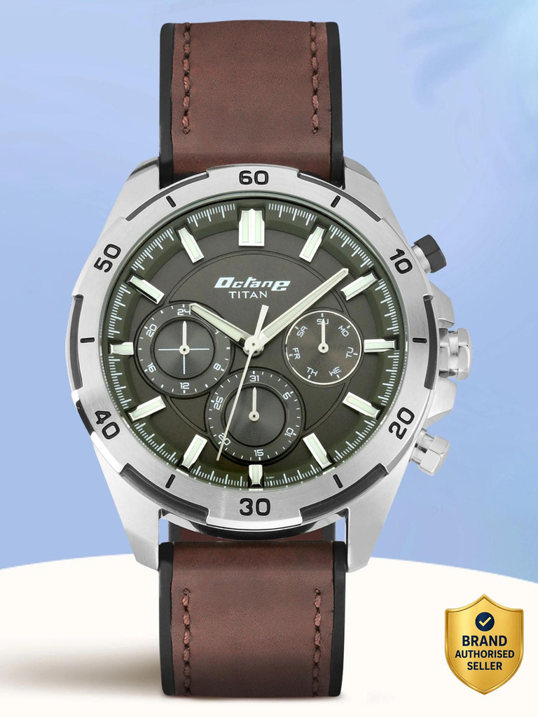Titan NP90114KP01 Titan Octane Multifunction Black Dial Brown LeatherStrap Analog Watch  - For Men