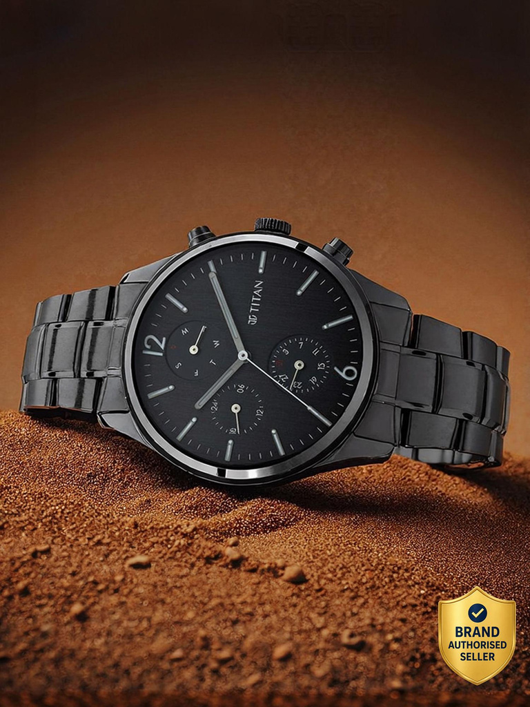 titan nq1805nm02 workwear multifunction black dial metalstrap analog watch men
