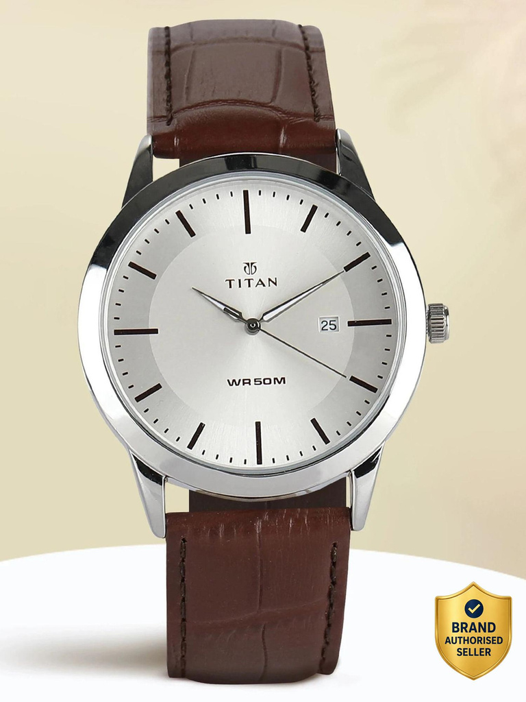 titan clastainless steelic date silver dial brown leatherstrap analog watch men