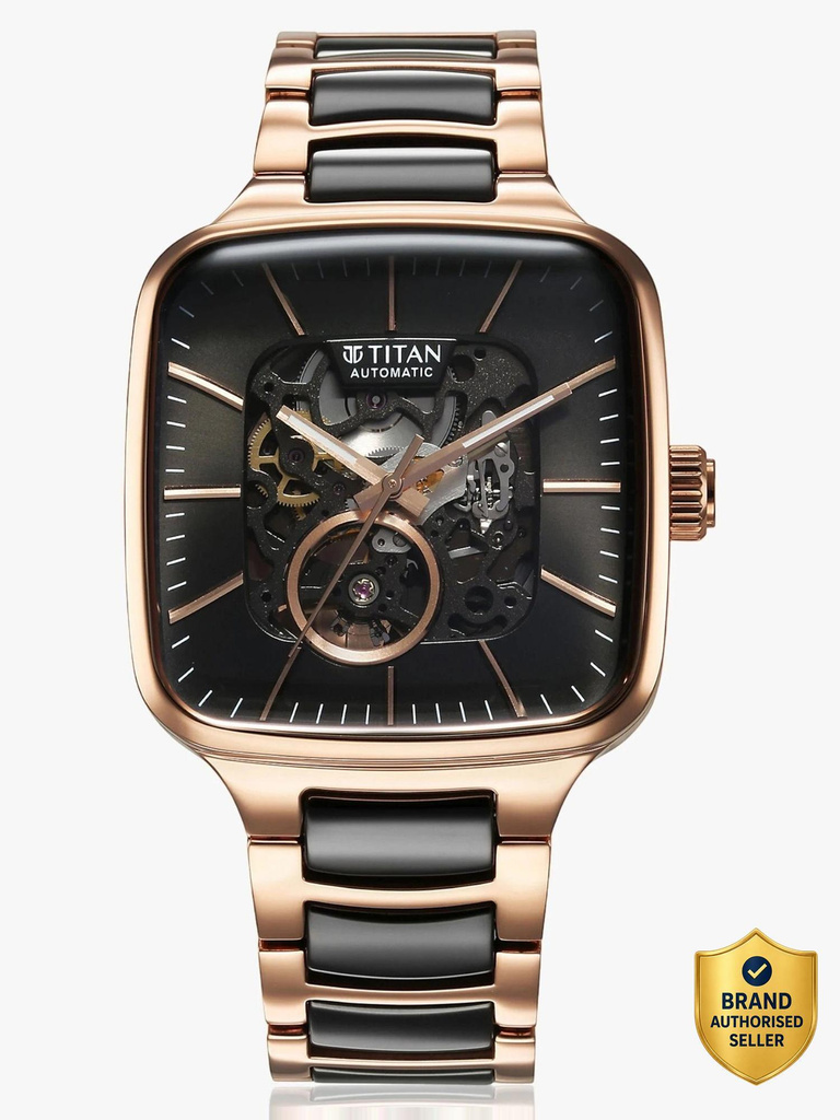 titan ceramic automatic black dial rosegold steel strap analog watch men