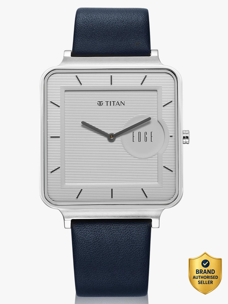 titan edge quad white dial blue leather strap analog watch men