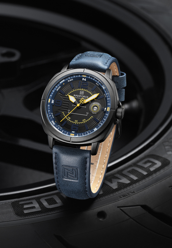 NAVIFORCE NF8078 Modern sporty style black dial with Blue leather strap Analog Watch  - For Men