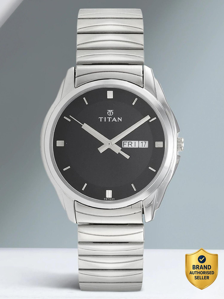 titan karishma day date black dial silver ss strap analog watch men