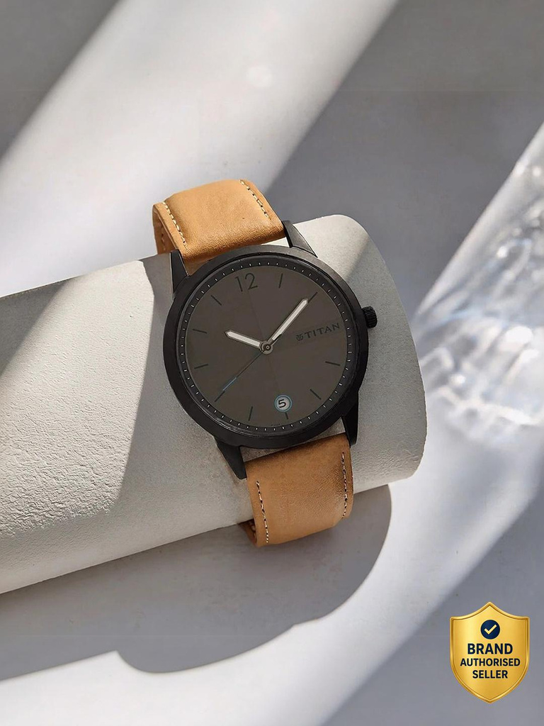 Titan NP1806NL01 Titan With Date Anthracite Dial Tan Leather Strap Analog Watch  - For Men