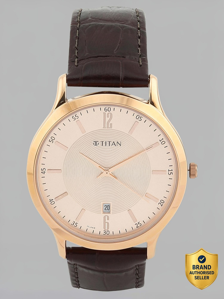 Titan NP1825WL02 Titan With Date Champagne Dial Brown LeatherStrap Analog Watch  - For Men