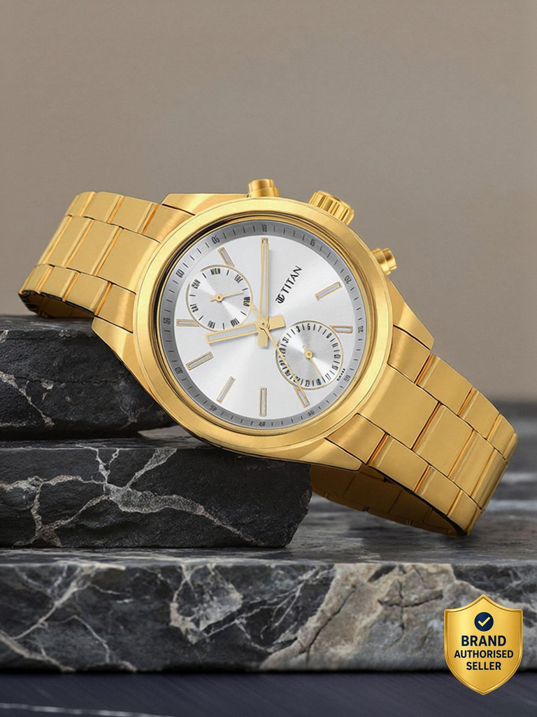 titan 1733ym01 classique multifunction silver dial golden ss strap analog watch men