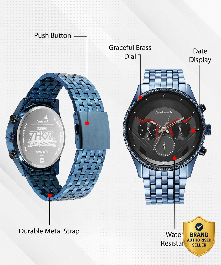 fastrack 3286km03 thor multifunction black grey dial blue metalstrap analog watch men