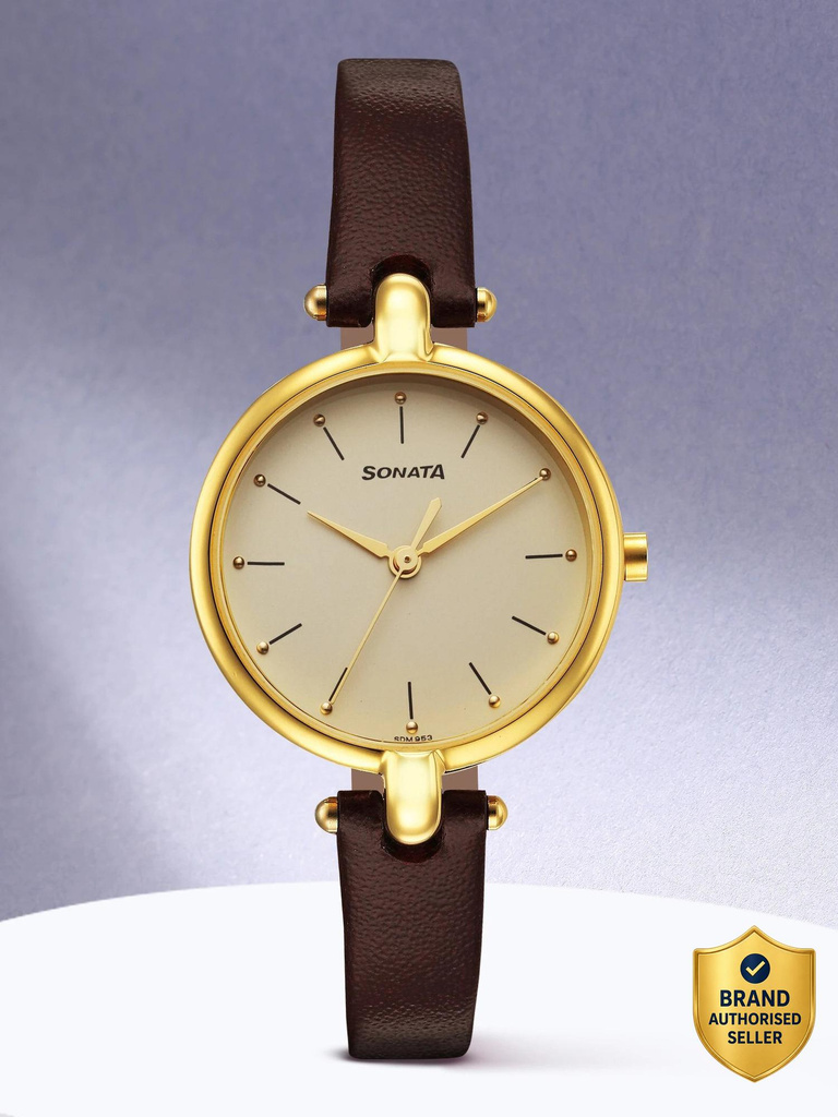SONATA Sonata Gold Edit Champagne Dial Brown LeatherStrap Analog Watch  - For Women