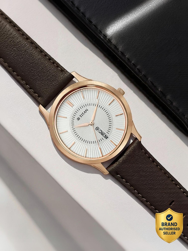 Titan Lagan Titan Lagan With Day & Date White Dial Brown LeatherStrap Analog Watch  - For Men