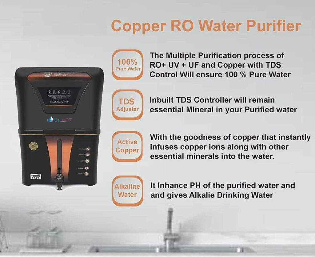 aquadart copper mineral ro water purifier charge technology 12 l uv uf tds control
