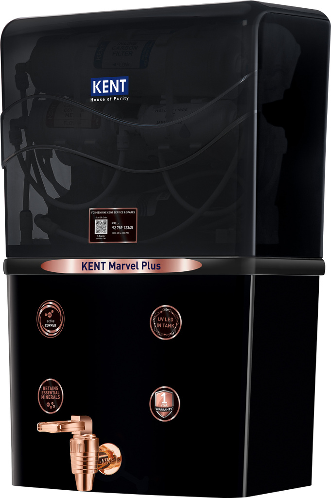 Marvel Plus 8 L RO + UV + UF + Copper + TDS Control Water Purifier ISI Marked 8L Tank 20 LPH Flow deal for Borewell/Tanker/Municipal Water Largest Service Network (Light black)