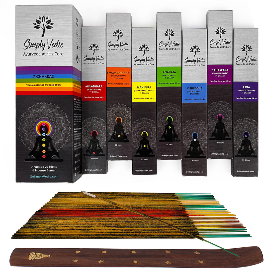 Simply Vedic 7-Chakra Incense Sticks Agarbatti-250 grams (20X7 Incense Sticks) Charcoal free 7 Chakras Fragrance with free wooden holder 135 Units, Se