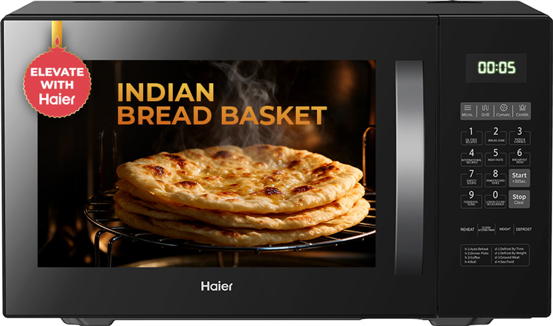 Haier 23 L with 205 Auto cook menus, Paneer/Ghee/Curd making, Bread basket zone, Combination Cooking, Multi stage cooking, Fermentation, Grilling, Reh