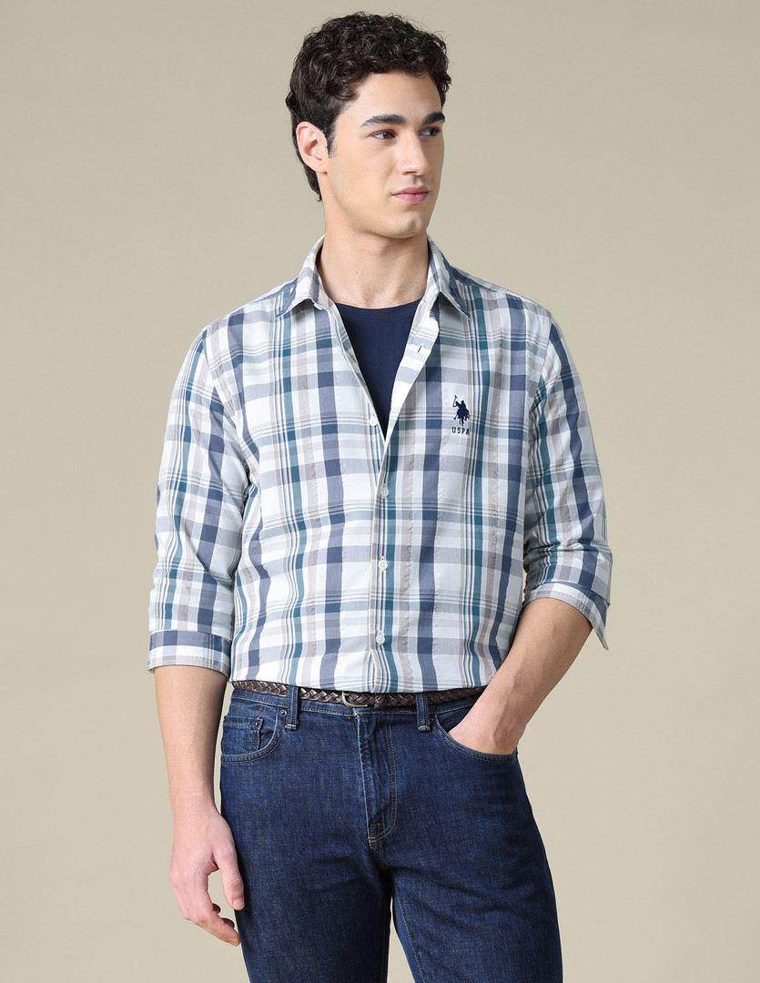 u.s. polo assn. denim co. men regular fit checkered spread collar casual shirt