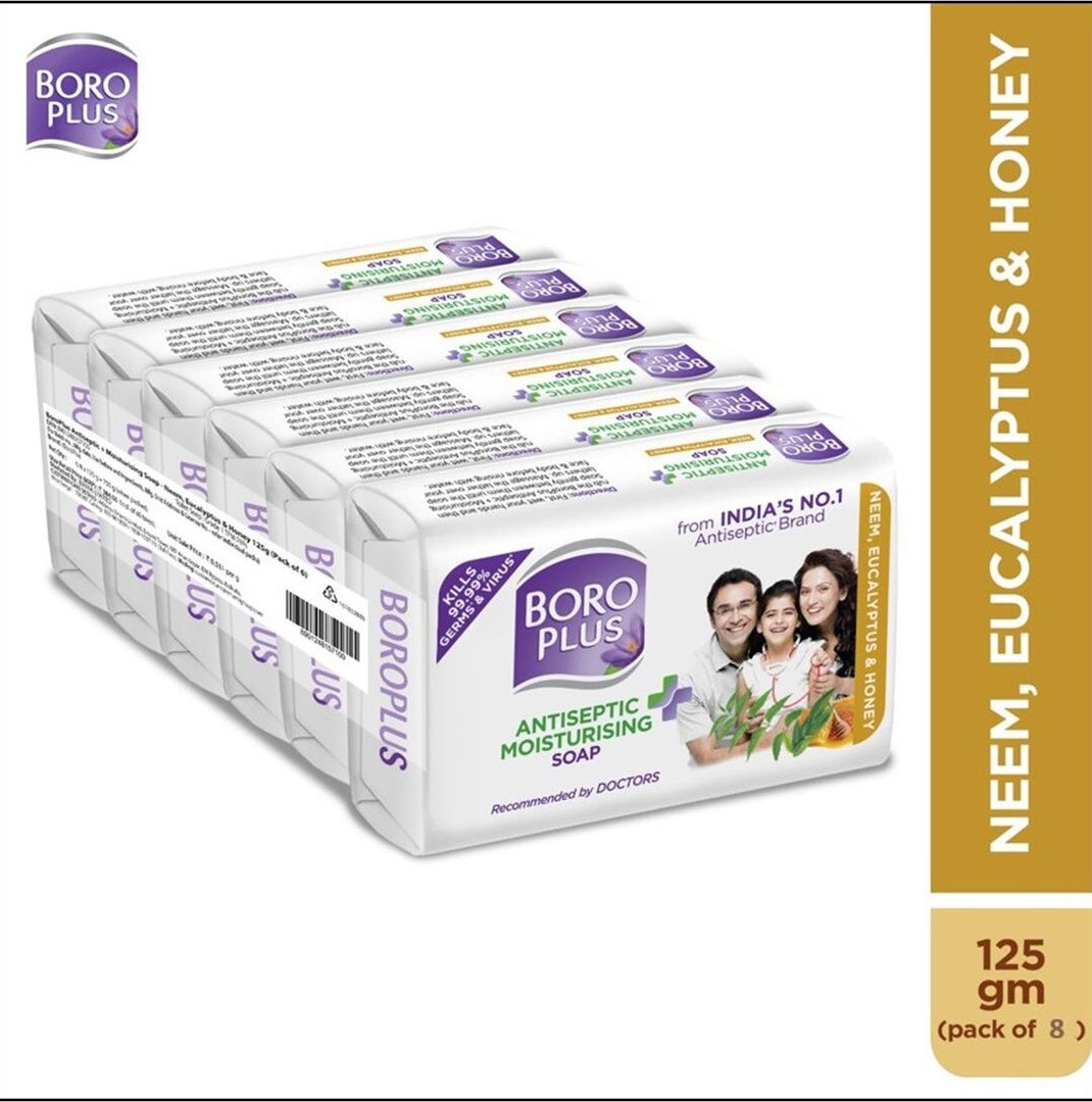 BOROPLUS Antiseptic And Moisturising Toilet Soap With Neem,Eucalyptus And Honey| 125GEach 8 x 125 g