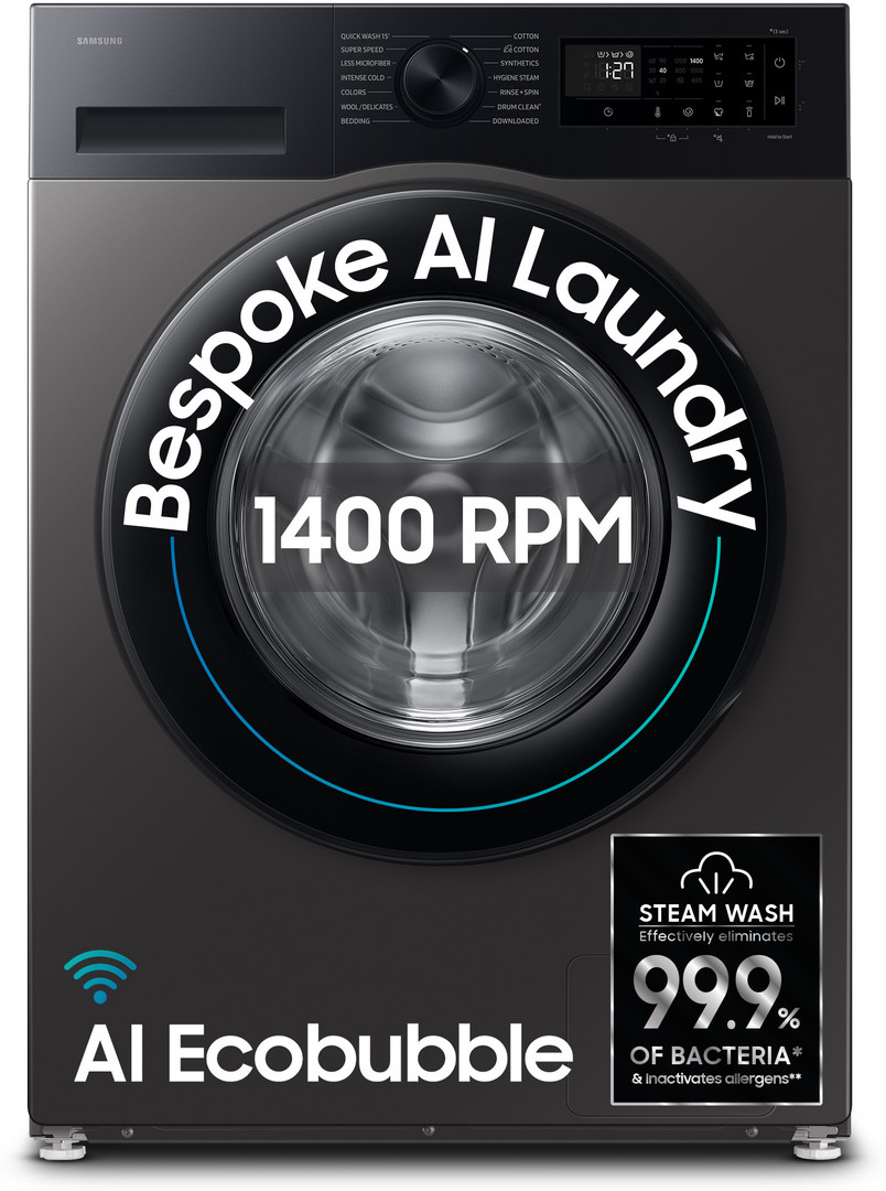 Samsung 12 kg 5 Star, AI Ecobubble, Super Speed, Wi-Fi, Hygiene Steam, Digital Inverter Motor Fully Automatic Front Load with In-built Heater Black, G