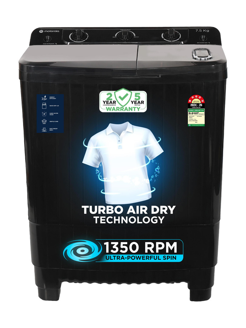 MOTOROLA 7.5 kg with Turbo Air Dry and Magic Filter Semi Automatic Top Load Washing Machine Black