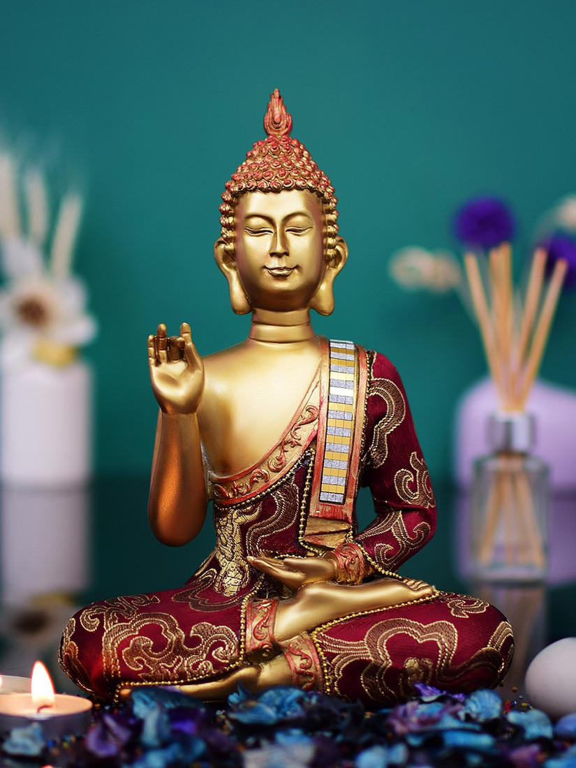 Archies Buddha Statue In Karana Mudra Showpiece For Home Decoration Spiritual Vastu Fengshui Items With Mirror Work Red And Gold Polyresin Decor 22 5x17cm 1pc Decorative Showpiece 22 5 Cm Price In India