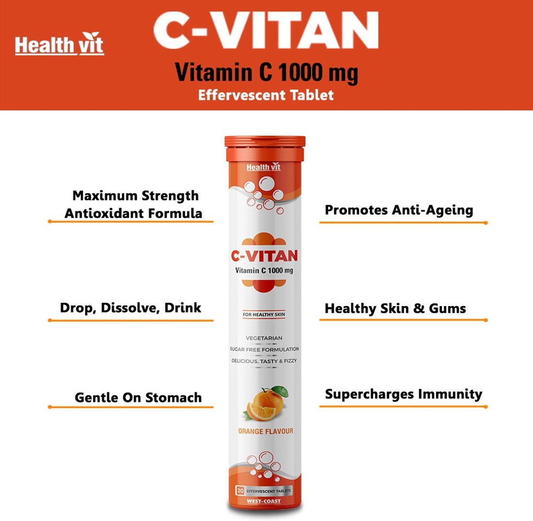 Healthvit C Vitan Vitamin C 1000mg For Healthy Skin 20 Effervescent Tablets Orange Flavour Price In India Buy Healthvit C Vitan Vitamin C 1000mg For Healthy Skin 20 Effervescent Tablets Orange