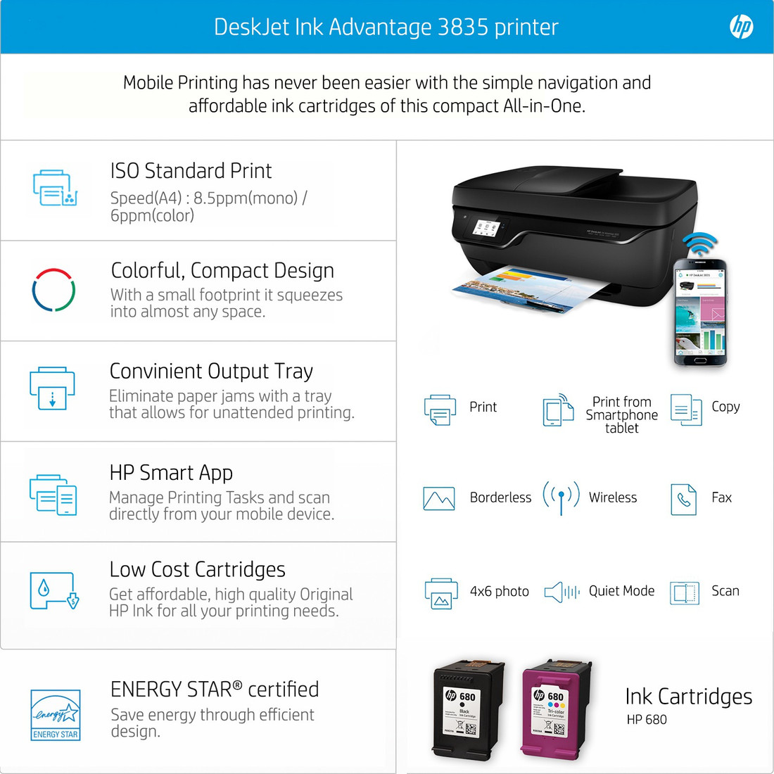 Hp Deskjet Ink Advantage 3835 All In One Multi Function Wifi Color Printer With Voice Activated Printing Google Assistant And Alexa Hp Flipkart Com