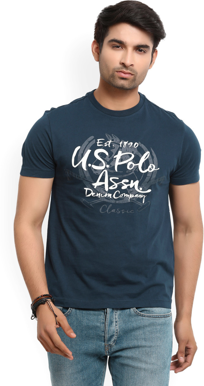 U S Polo Assn Printed Men Round Neck Blue T Shirt Buy Denim Blue U S Polo Assn Printed Men Round Neck Blue T Shirt Online At Best Prices In India Flipkart Com
