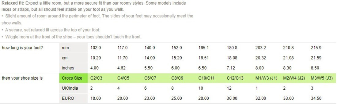 crocs c9 size chart