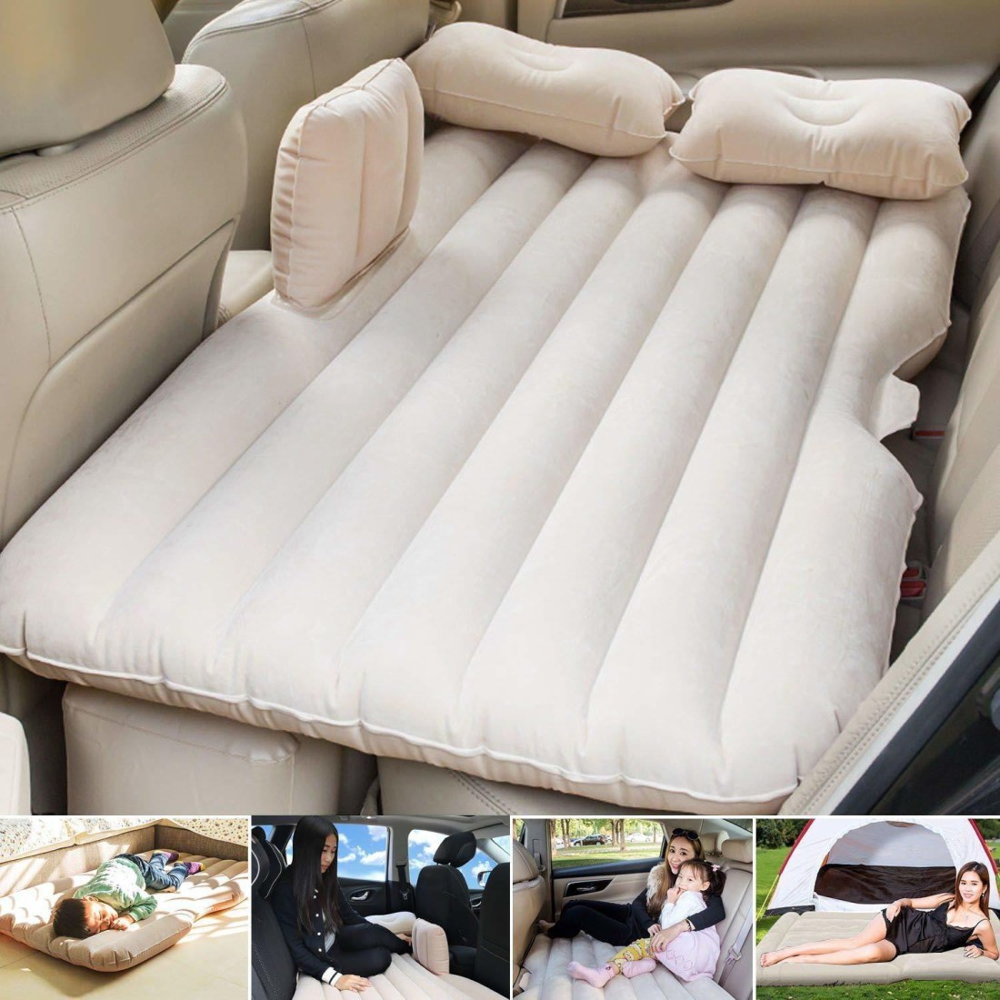ZURU BUNCH Travel Inflatable Beige Car Air Mattress Bed with Back