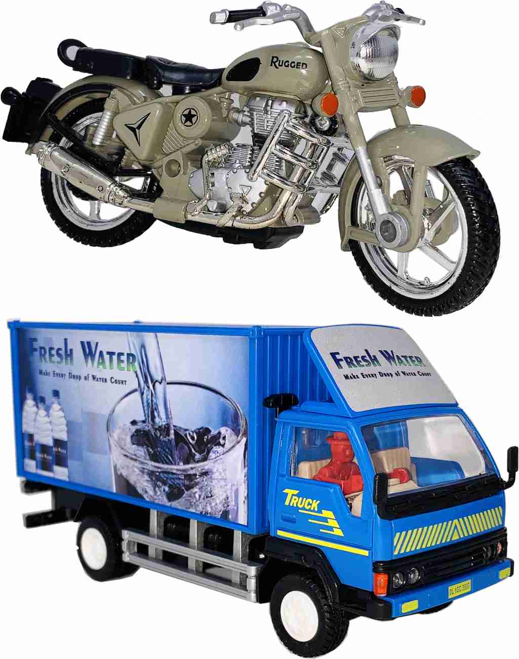 Giftary Set Of 2 Small Size Made Of Plastic Indian Automobile Indian Street Bike  Toy + Transport Trucks Toy For Children, Playing Toys For Boys, Made In  India