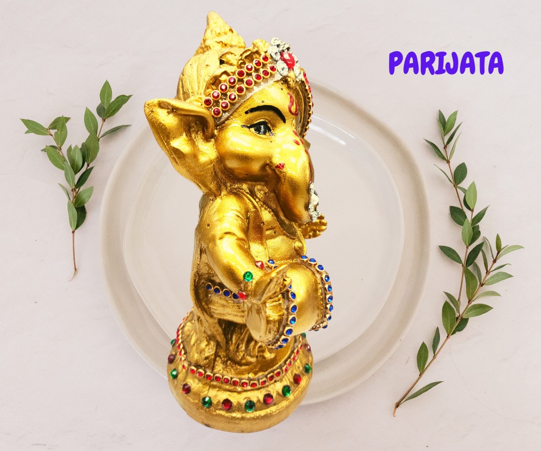 Parijata Lord Ganesh Statue for Home Decor, Dhol Ganesha, Golden ...