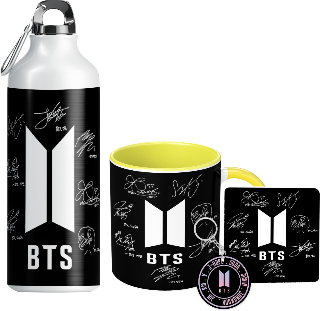 NH10 DESIGNS BTS Sipper Water Bottle Cup Keychain Combo Set For