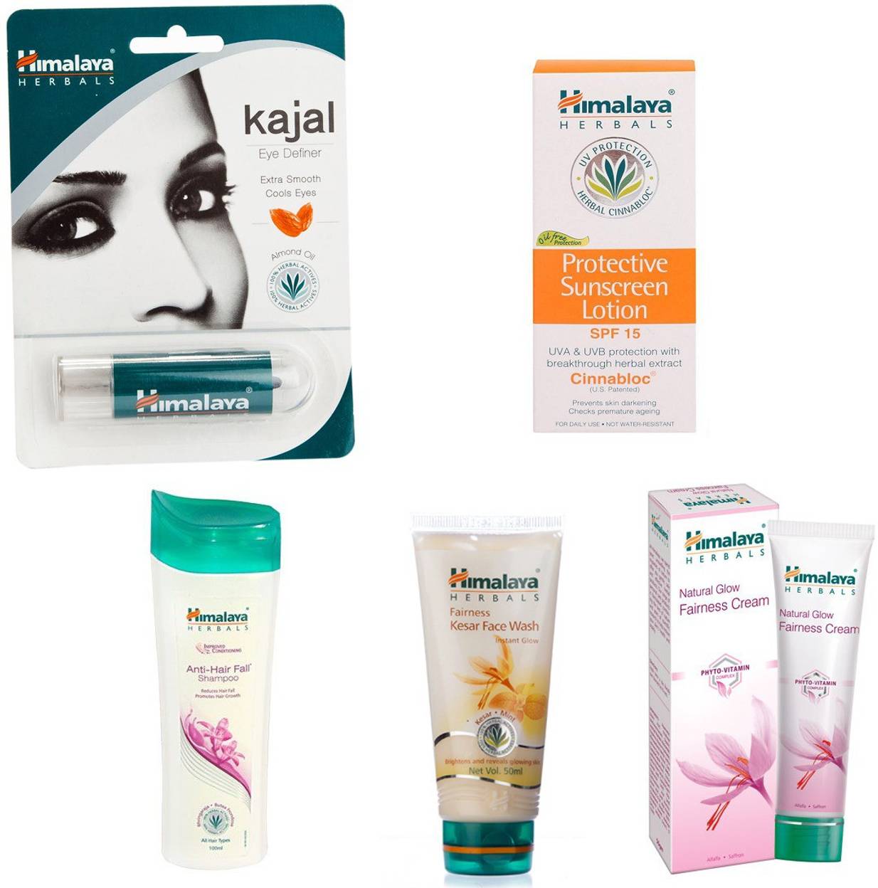 Himalaya Kajal Eye Definer Protective Sunscreen Lotion Anti Hair Fall Shampoo Fairness Kesar Face Wash Natural Glow Fairness Cream Set Of 5 Buy Himalaya Kajal Eye Definer Protective Sunscreen Lotion Anti