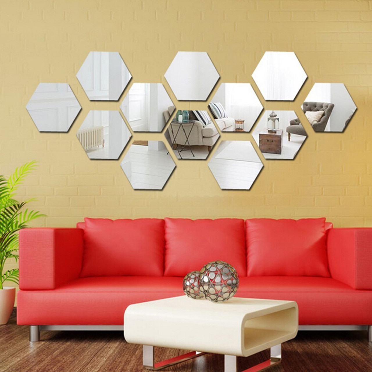 DAKSHITA 100 cm 12 Hexagon-Silver (Pack of 12) Acrylic Mirror Self Adhesive Sticker (Pack of 12)