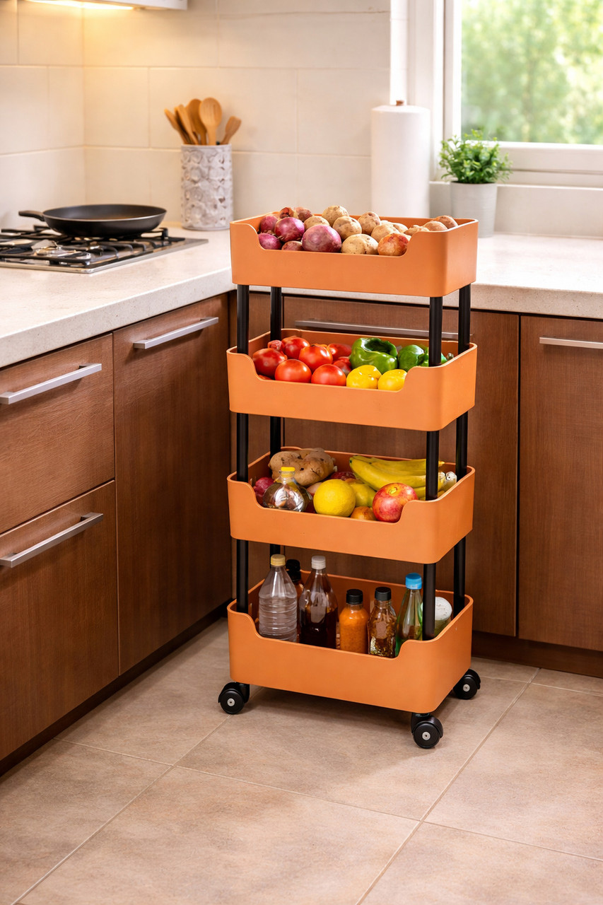 Fruits/Vegetables Kitchen Rack DM PLUS 4 Tier Multipurpose Storage Kitchen Rack Trolley with Wheels (BROWN) Plastic