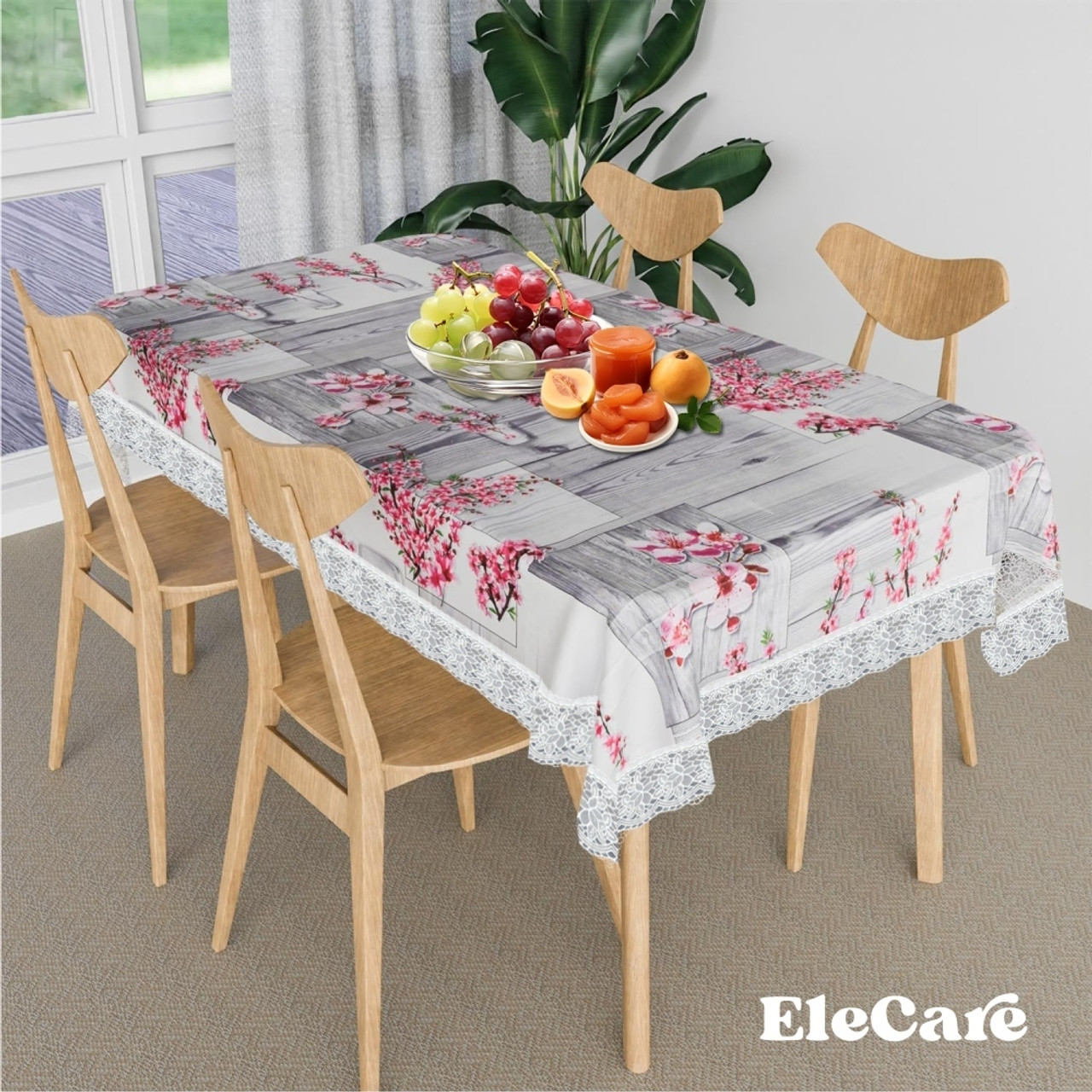 EleCare PVC, Plastic 4 Seater Printed Table Cover (Multicolor white Laisse)