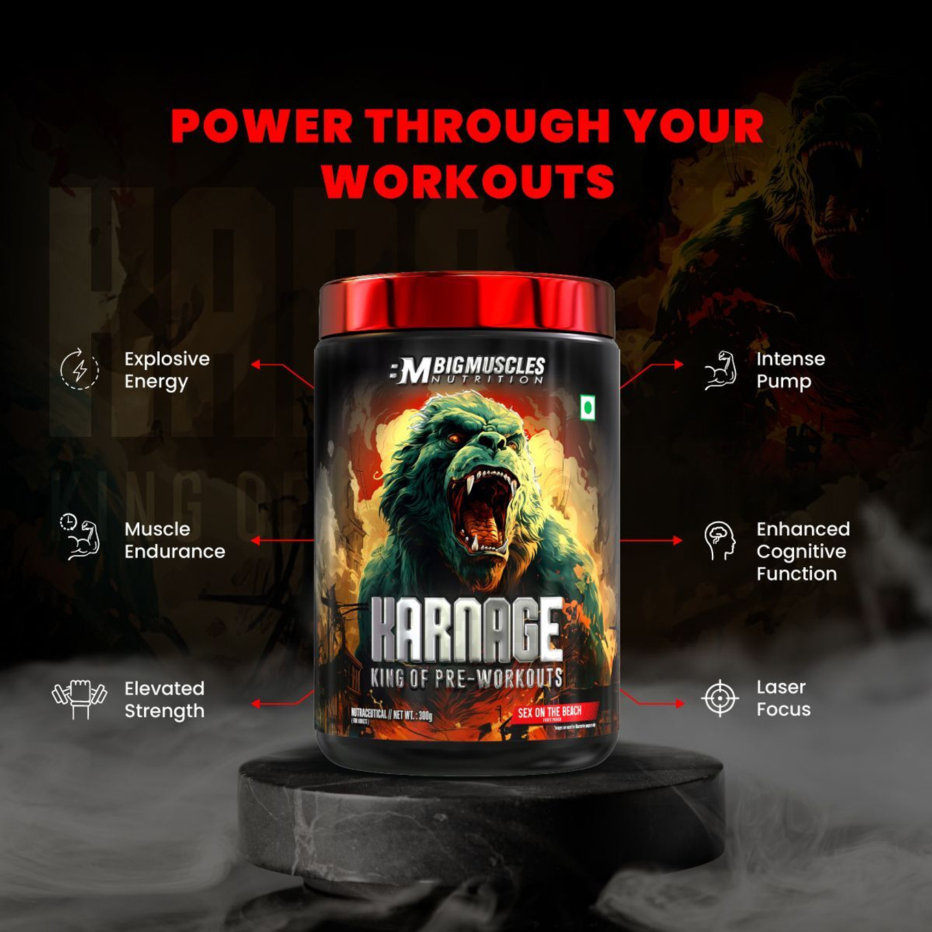 BIGMUSCLES NUTRITION Karnage Preworkout | For Pump, Focus, Energy, Strength & Endurance | 60 Servings Pre Workout (300 g, Citrus Blast)
