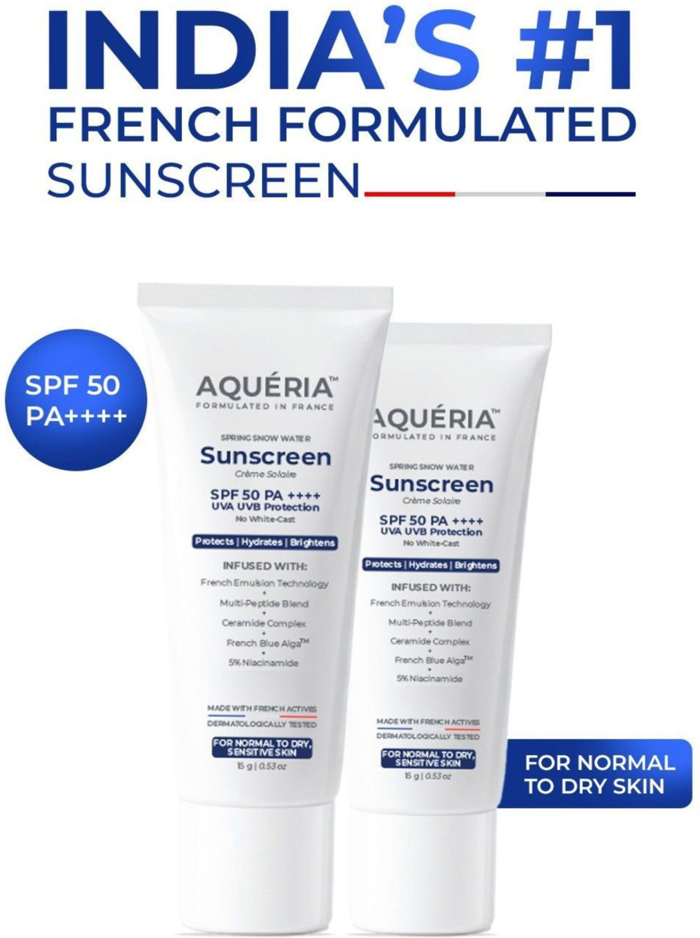 Aqueria Sunscreen - SPF 50 PA++++ Brightening & Hydrating French Multi-Active SPF | Niacinamide, Tranexamic Acid (30 g)