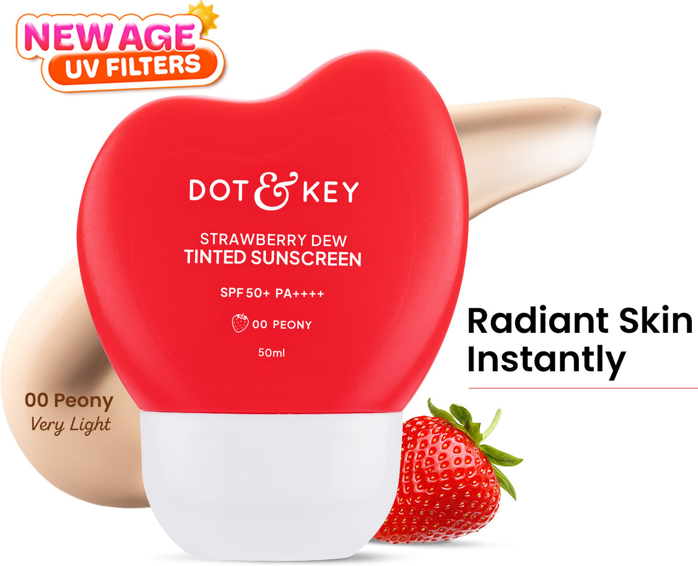 Dot & Key Sunscreen - SPF 50+ PA++++ Strawberry Dew Tinted, In-Vivo Tested, Peony, for Daily Wear, Brightens Skin (50 ml)