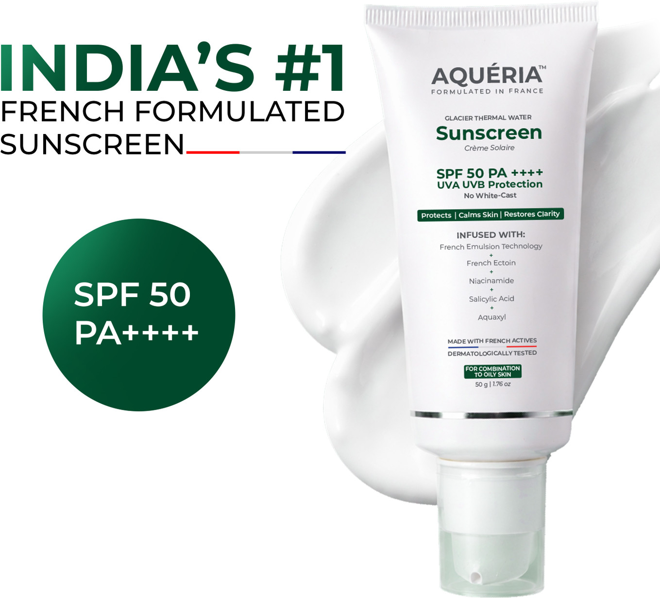 Aqueria Sunscreen - SPF 50 PA++++ Oil Control Brightening French Multi-Active SPF | 2% Niacinamide, Salicylic Acid (50 g)
