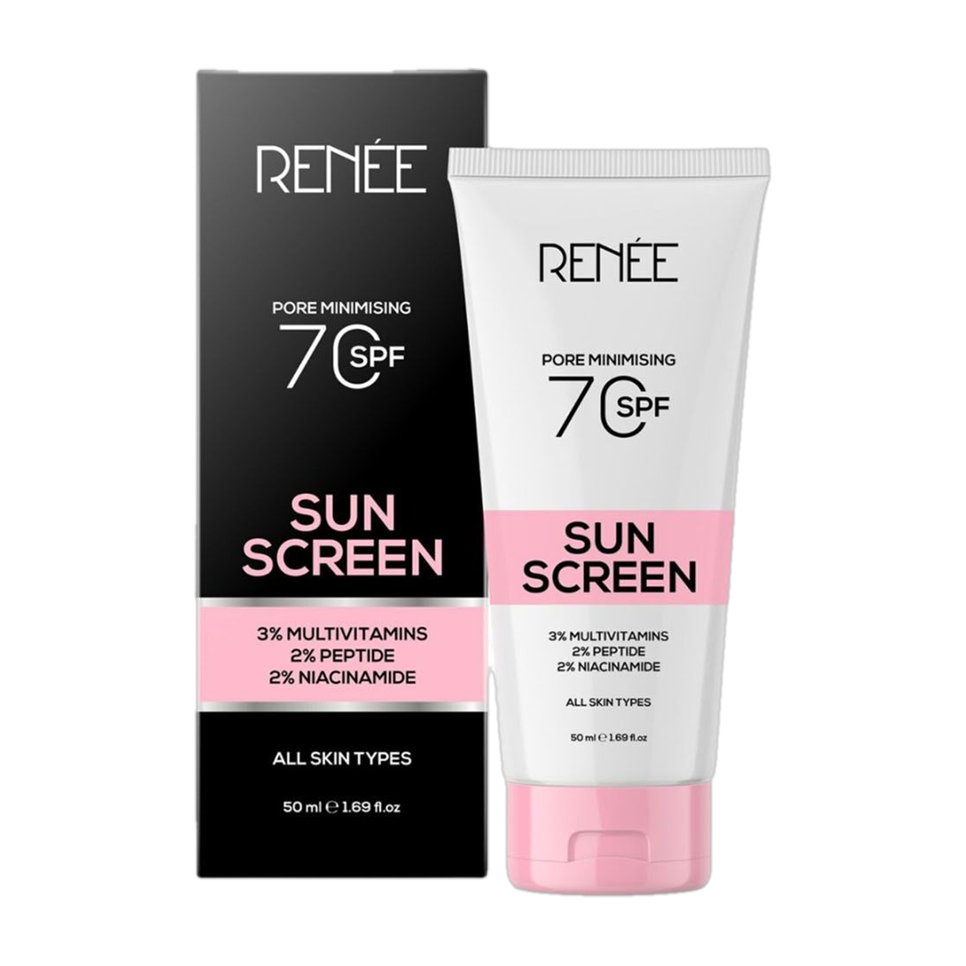 Renee Sunscreen - SPF 70 PA++++ Pore Minimizing Gel, Enriched With 2% Peptides, 3% Multivitamins, 2% Niacinamide (50 ml)