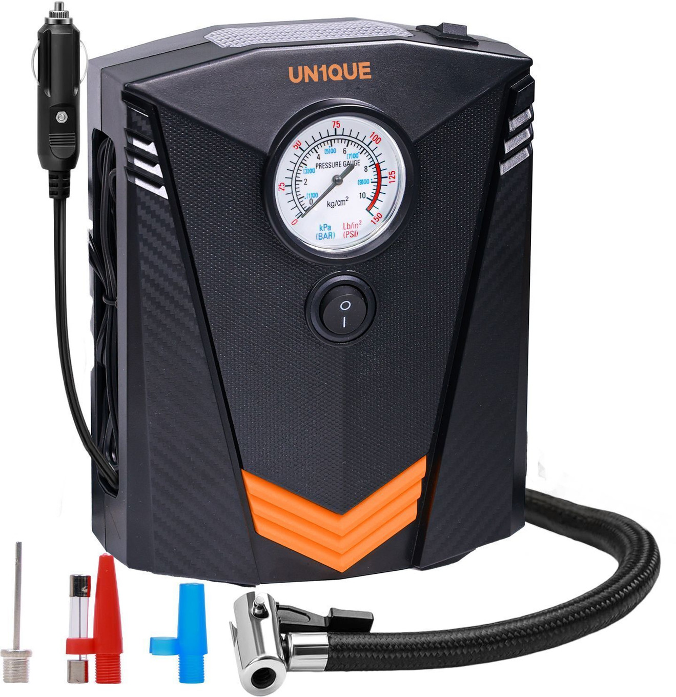 UN1QUE PT300 150 psi Tyre Air Pump for Car & Bike (Air Inflator, Bleeder Valve Present, LED Light, Multiple Nozzles, Portable)