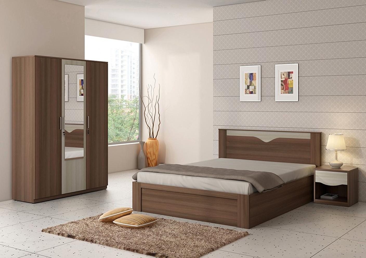 Spacewood Engineered Wood Bed + Side Table + Wardrobe ...