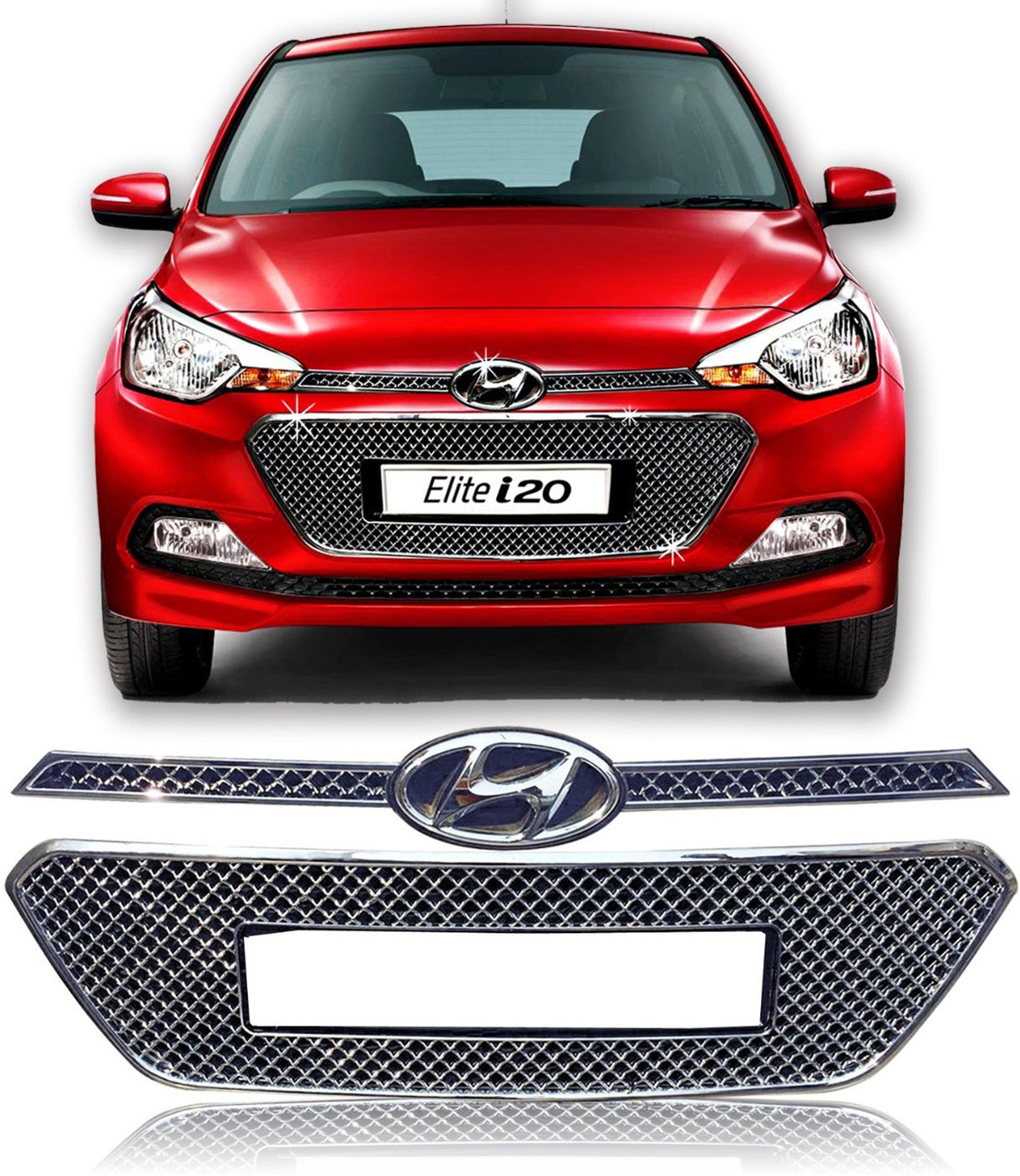 Shopaddict Chrome Plated Front Grill For Hyundai i20 Elite 2Pc Grill