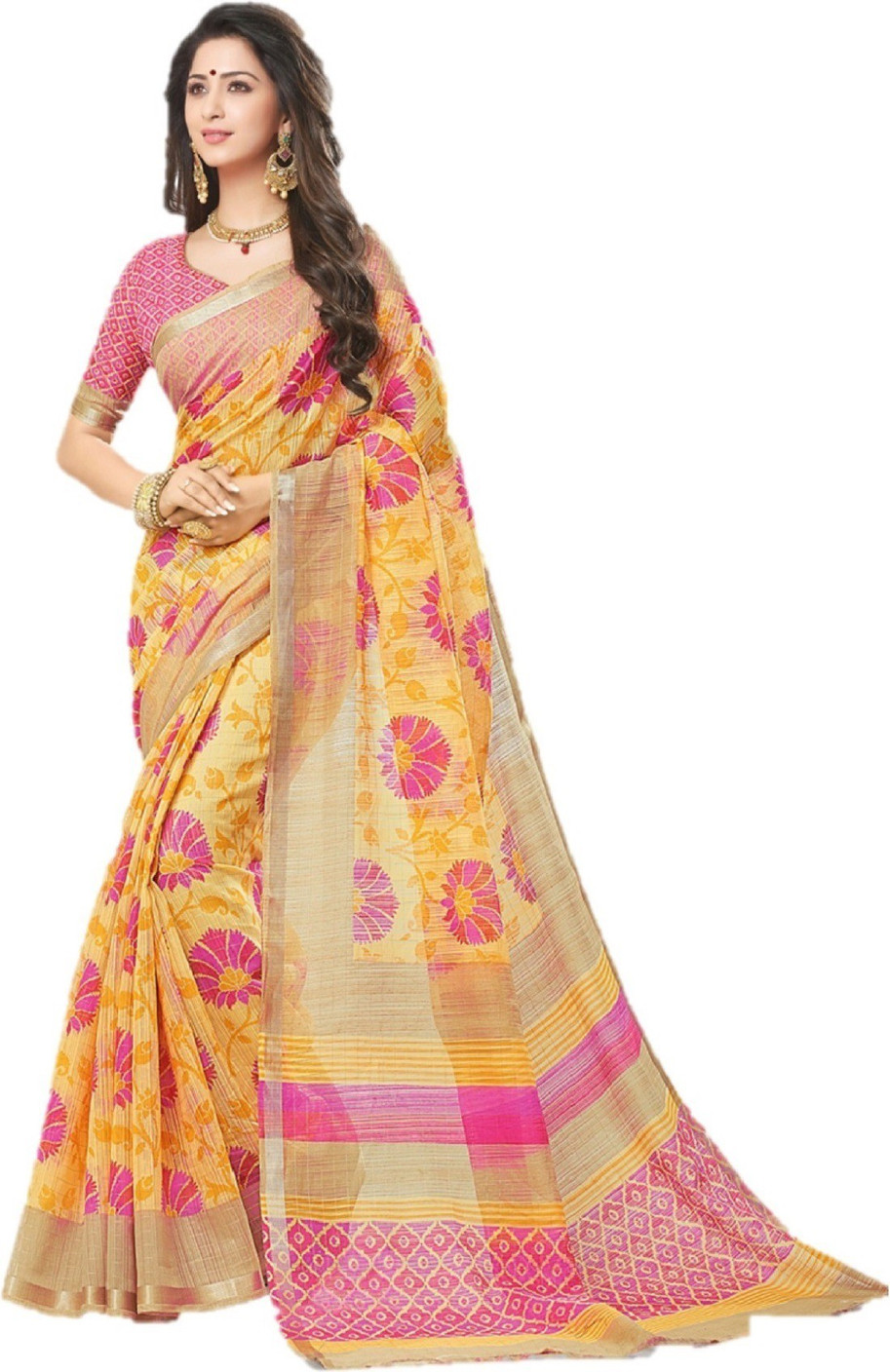 Buy Nilesh Fab Printed Venkatagiri Cotton Yellow Sarees Online Best