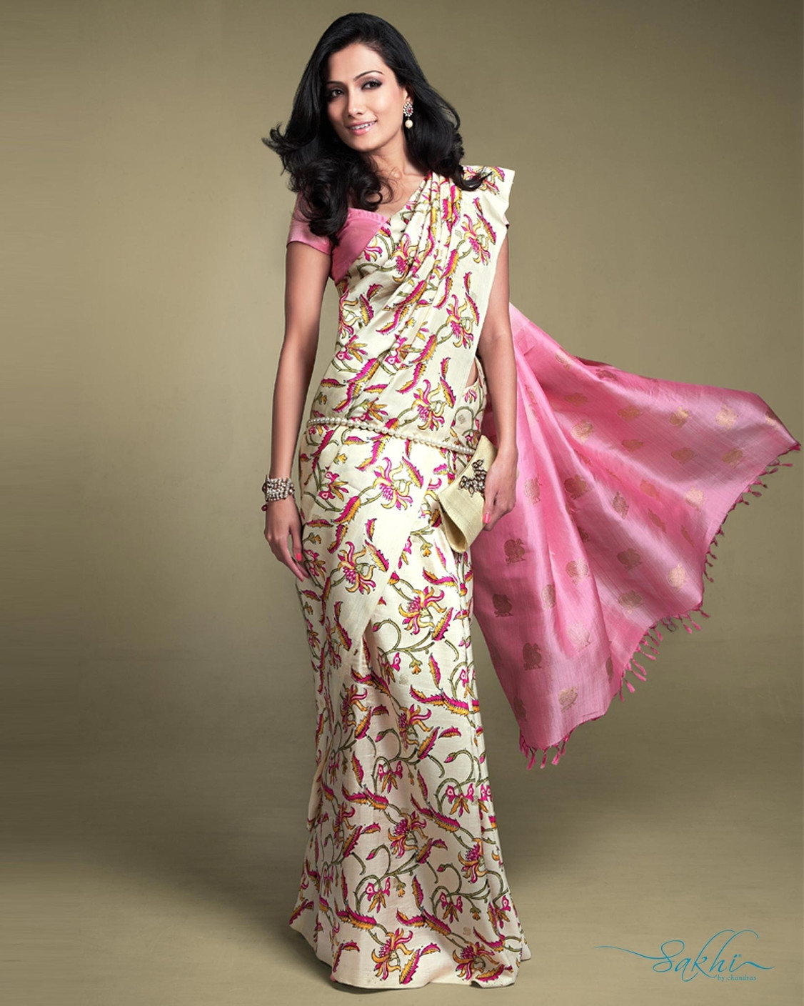 Buy Sakhi Fashions Printed Silk White, Pink Sarees Online Best Price In India