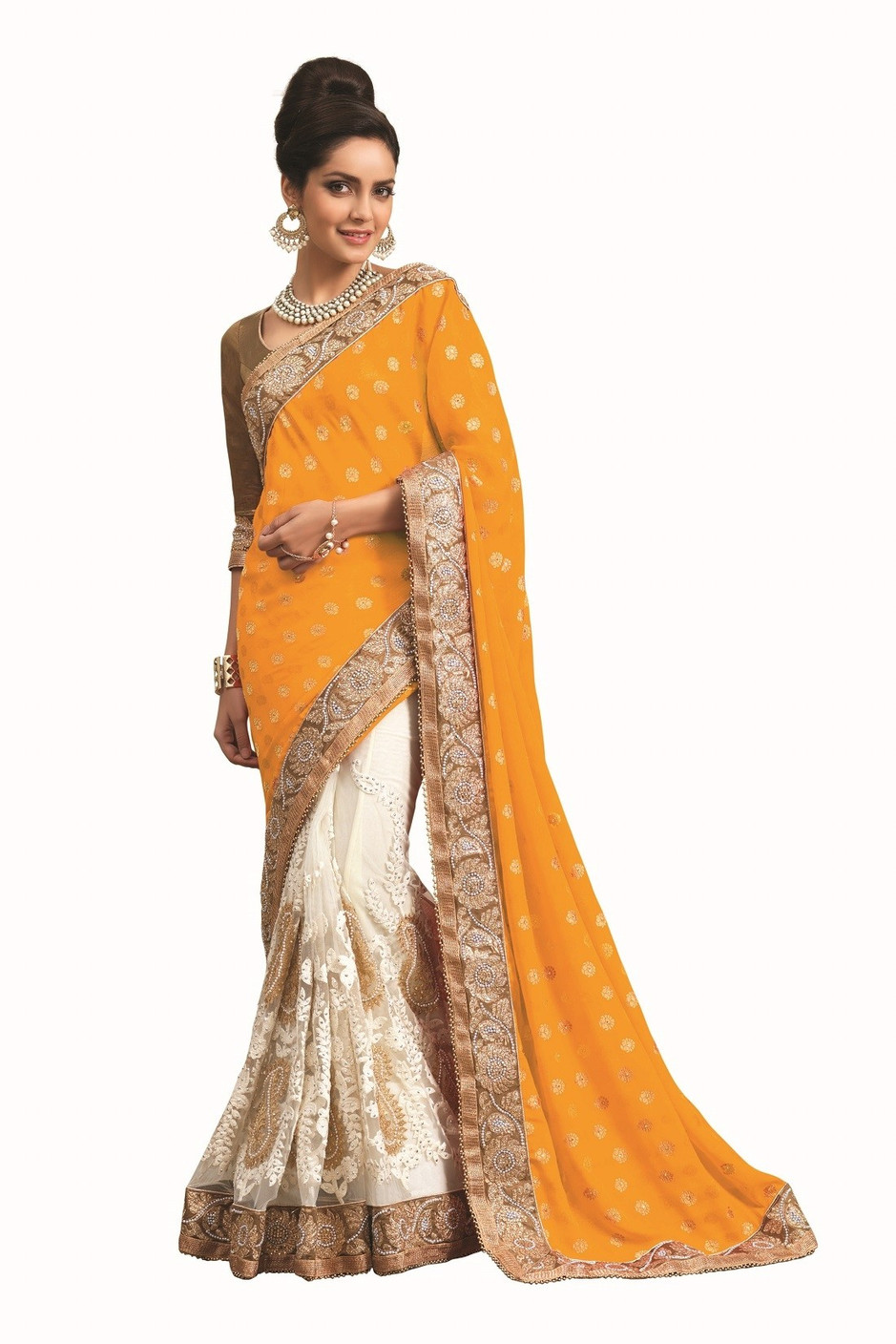 Buy Chirag Sarees Self Design Fashion Net Yellow, Beige Sarees Online