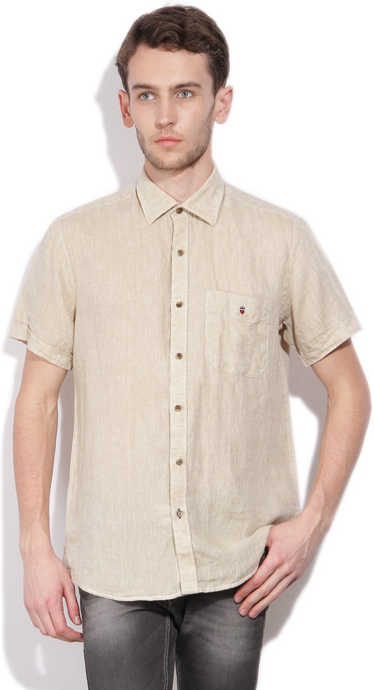LP Louis Philippe Men&#39;s Self Design Casual Linen Beige Shirt - Buy Light khaki Solid LP Louis ...